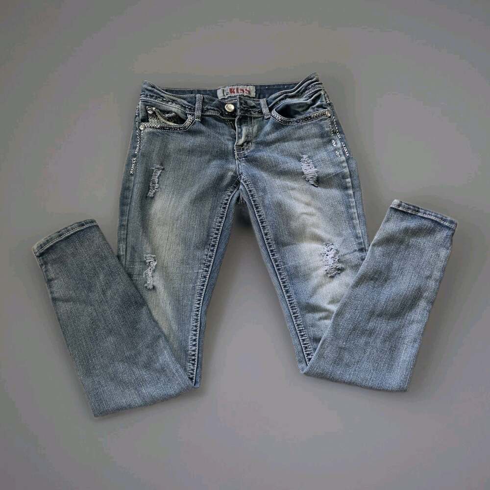 1st Kiss Jeans Distressed Rhinestone Skinny Y2K Bling Denim Size 5 Festival